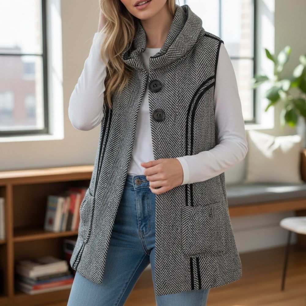 Manyus Women's Black and Gray Herringbone Vest Large
